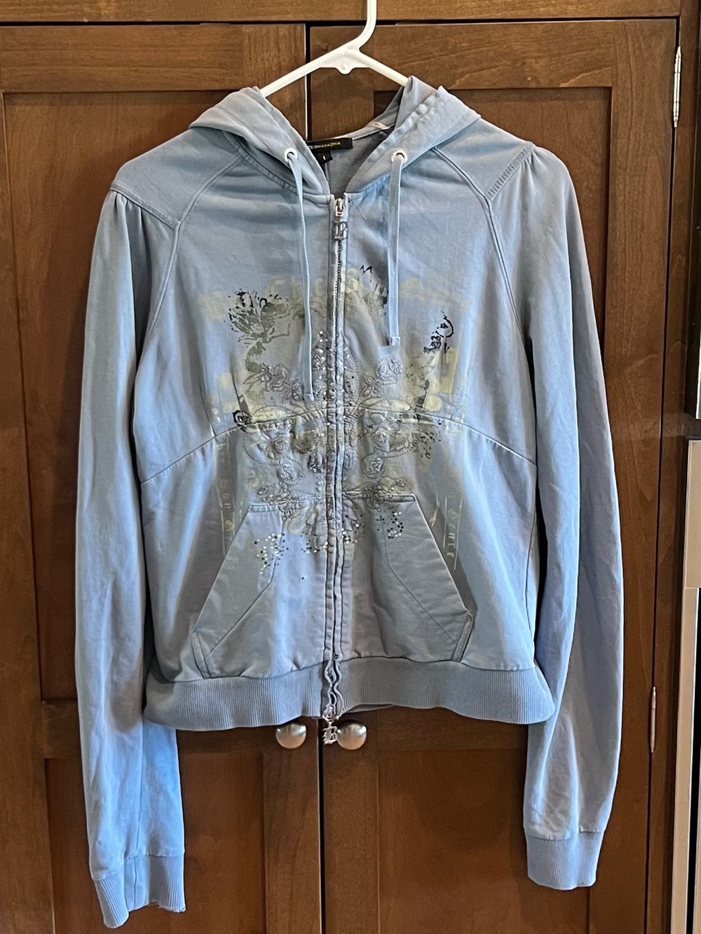 BCBGMAXAZRIA Vintage Y2K Rhinestone Graphic Zip Up Hoodie Size L Distressed
